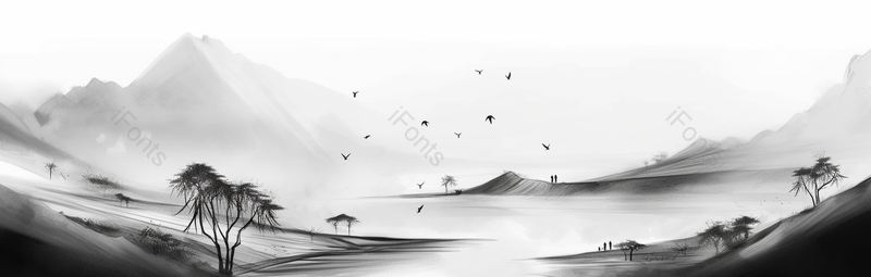 河流小山丘鸟群水墨画,插画/手绘图,插画/手绘图库,插画/手绘图下载,插画/手绘
